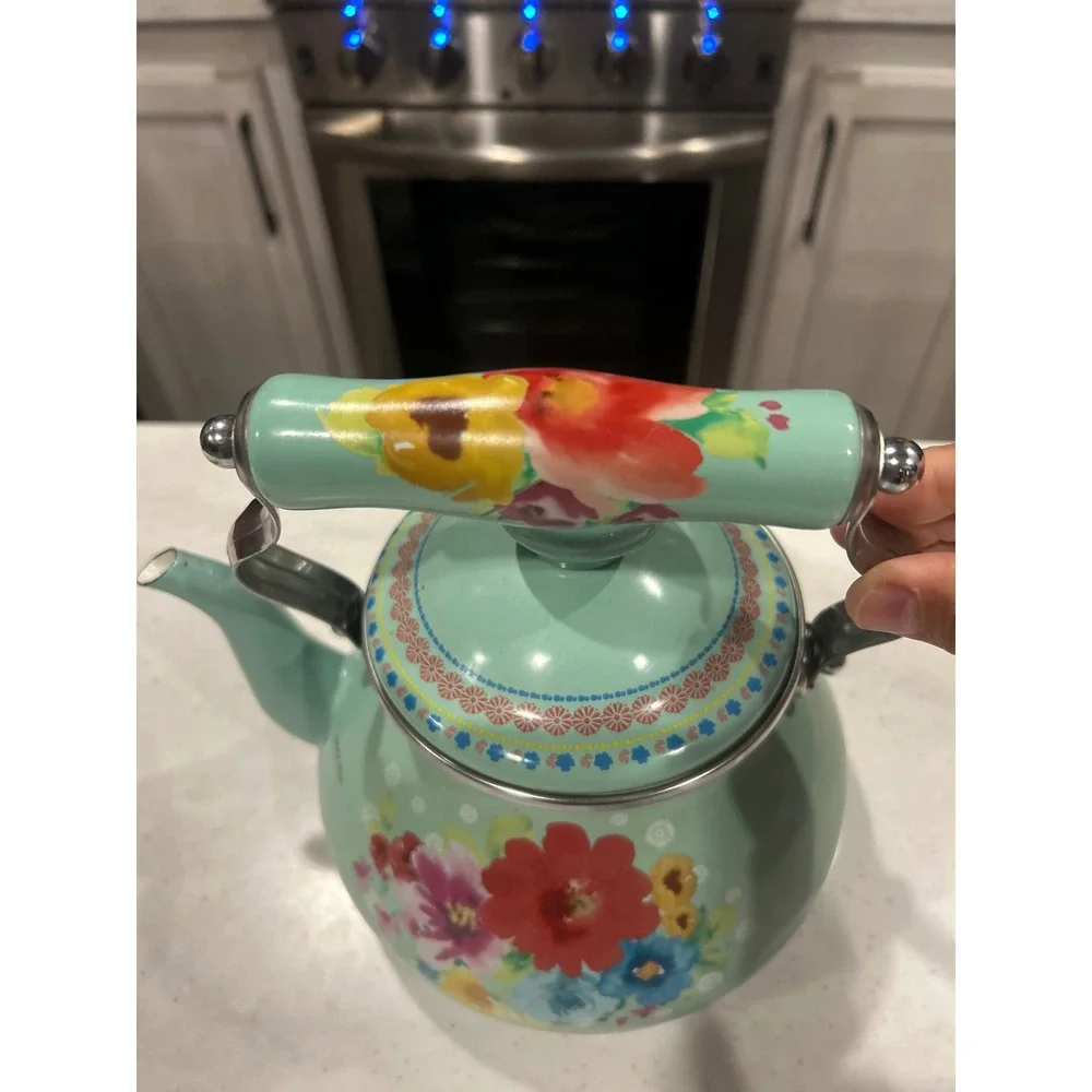 The Pioneer Woman Breezy Blossom Tea Kettle 1.9 Quart Enamel Steel Mint Floral
